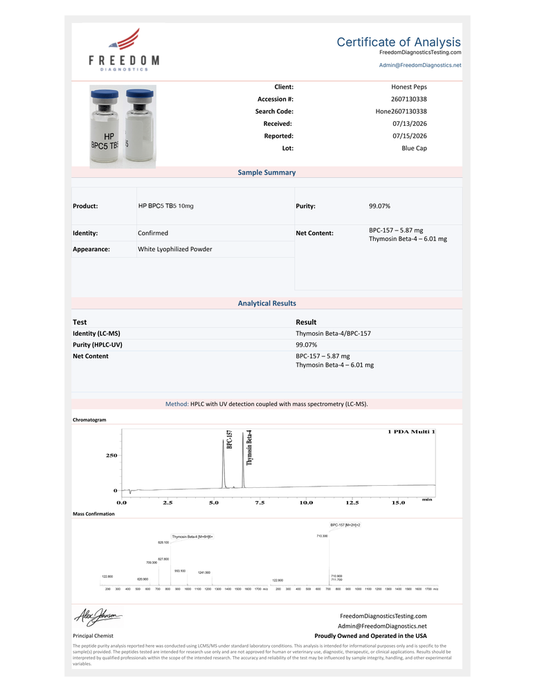 BPC-157 / TB-500 Certificate of Analysis — 99.07% purity, Freedom Diagnostics