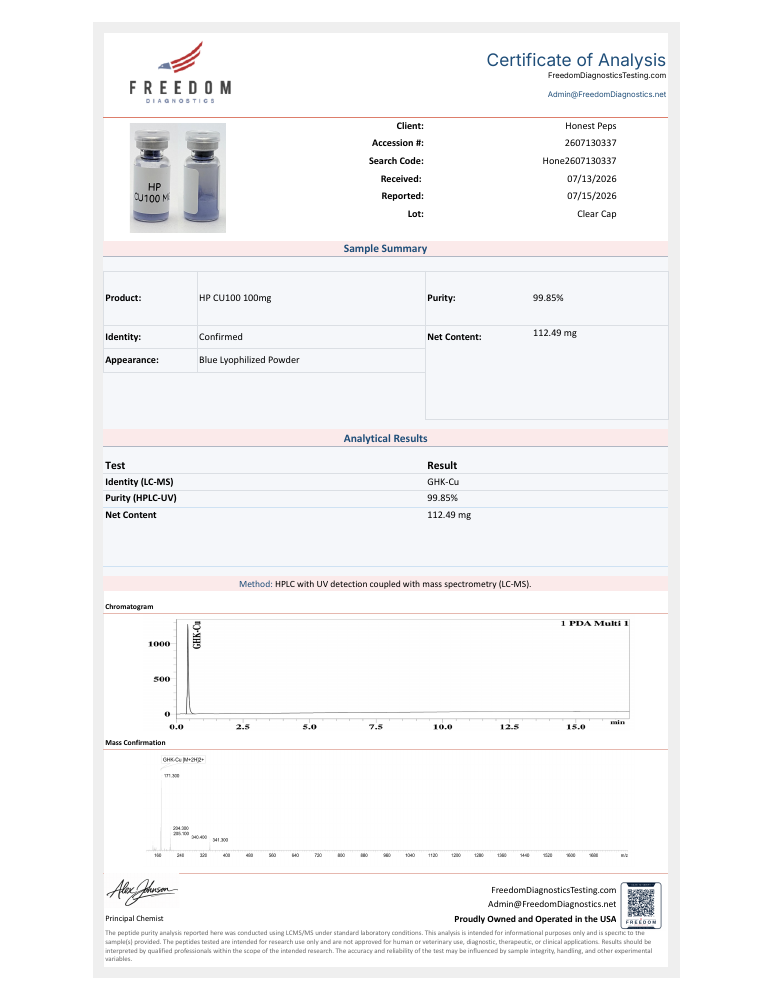 GHK-Cu Certificate of Analysis — 99.85% purity, Freedom Diagnostics