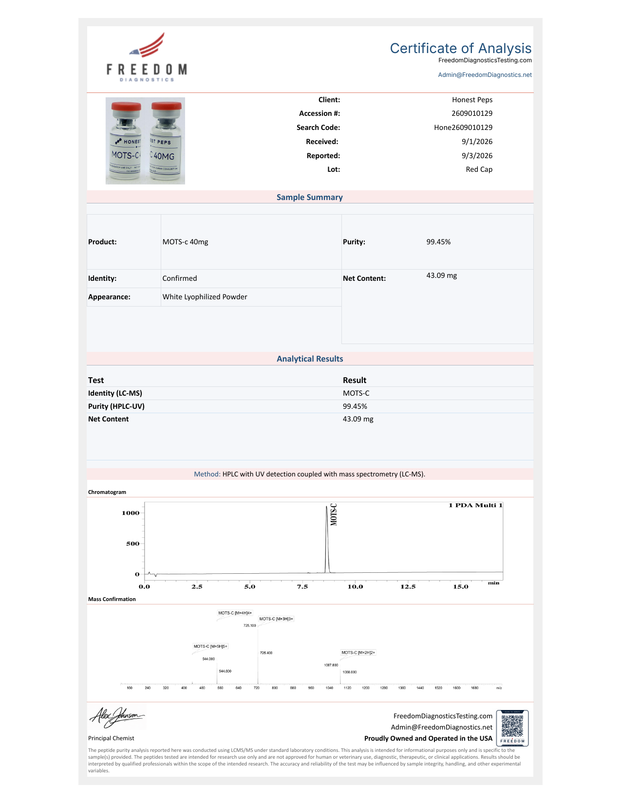 MOTS-c Certificate of Analysis — 99.45% purity, Freedom Diagnostics