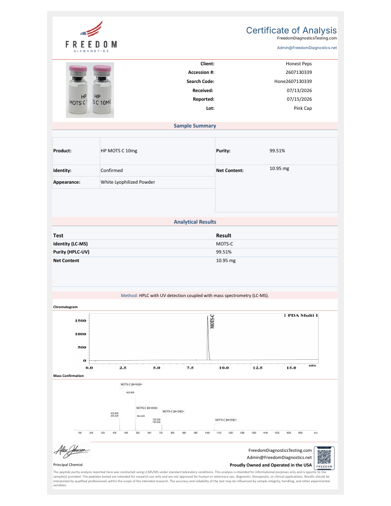 MOTS-C Certificate of Analysis — 99.51% purity, Freedom Diagnostics